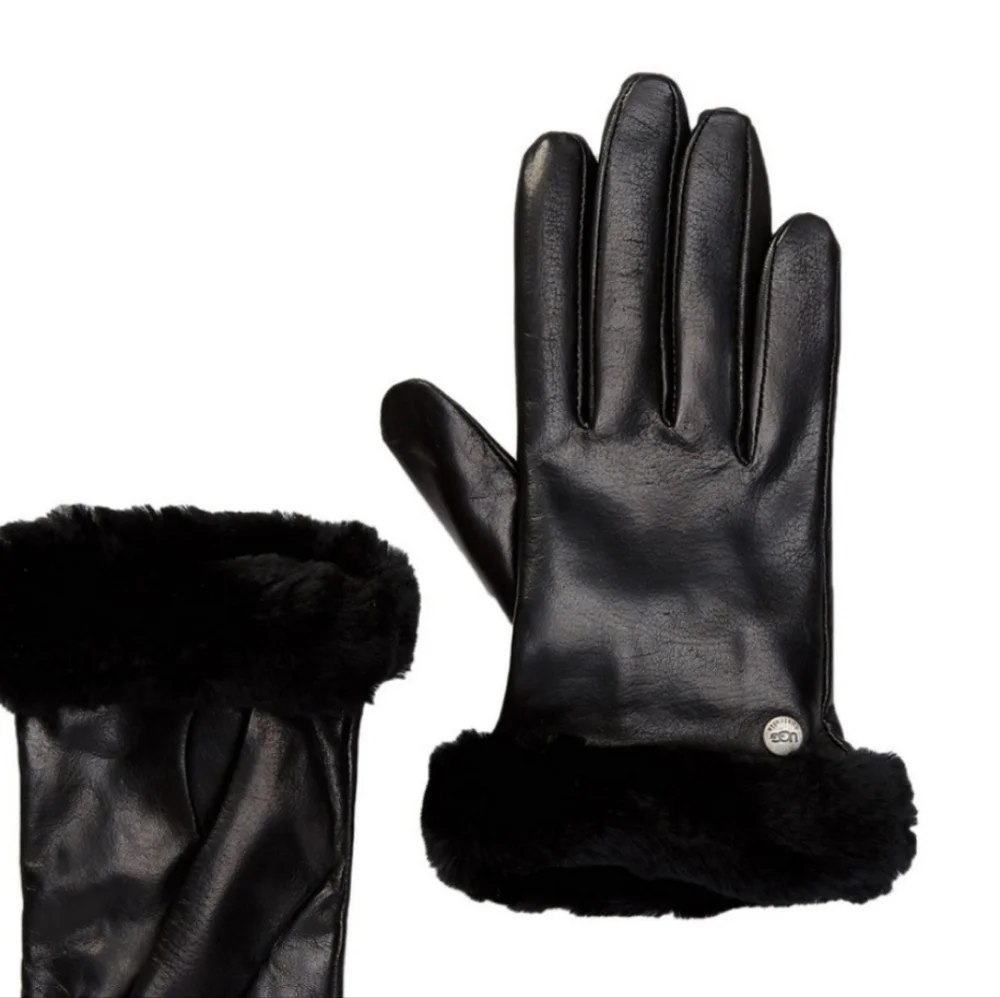 UGG Womens Shearling-Trim cuff Black leather Shorty Gloves Size Large